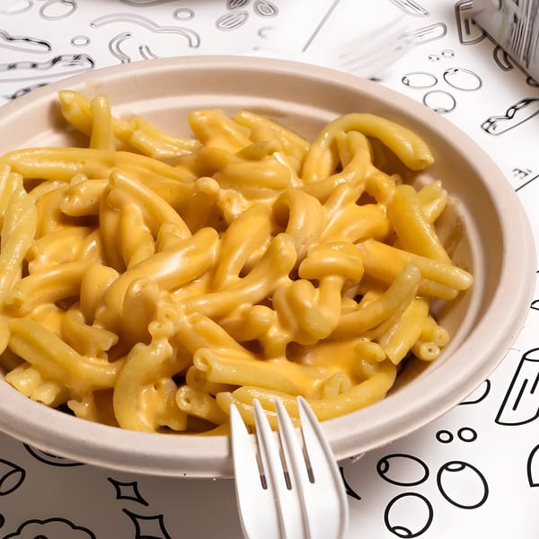 Porano's creamy mac and cheese in a bowl with a white fork on a patterned table.