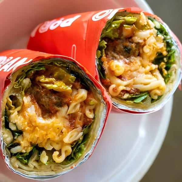 Two Porano Italian wraps, filled with pasta, meat, and greens, in red foil.