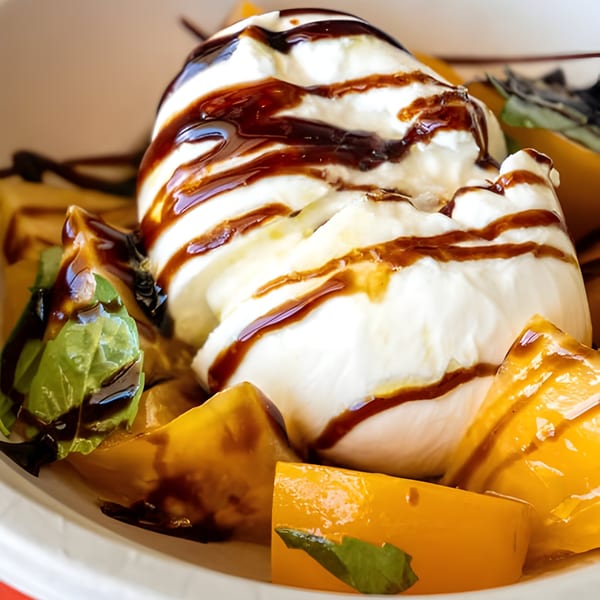 Porano's burrata with balsamic glaze, yellow tomatoes, and fresh basil in a white bowl.
